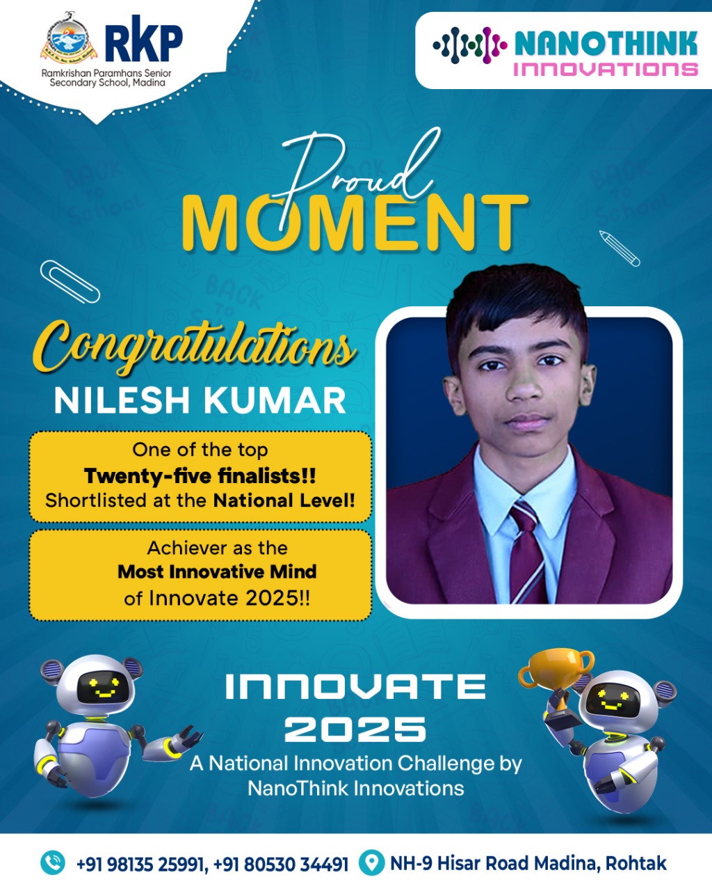 Nilesh Kumar Saini Most Innovative Mind award certificate at NanoThink Innovate 2025 national competition IIT Delhi