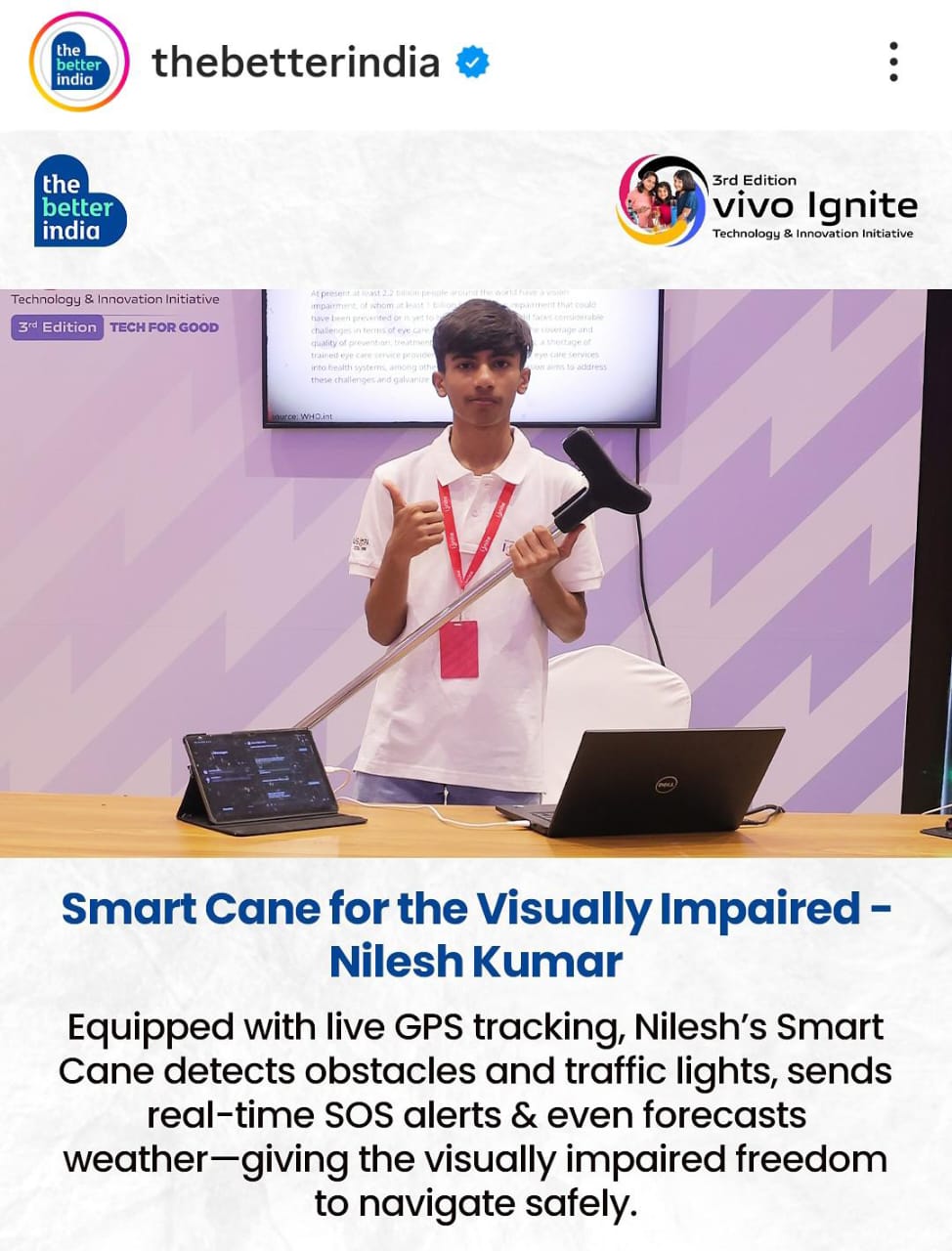 Nilesh Kumar Saini featured in The Better India for Smart Cane 2025 innovation and social impact assistive technology